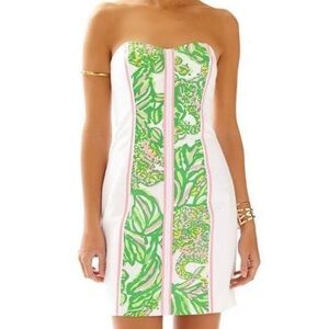 Lilly Pulitzer White Strapless Dress with Green Floral Center and Pink Piping